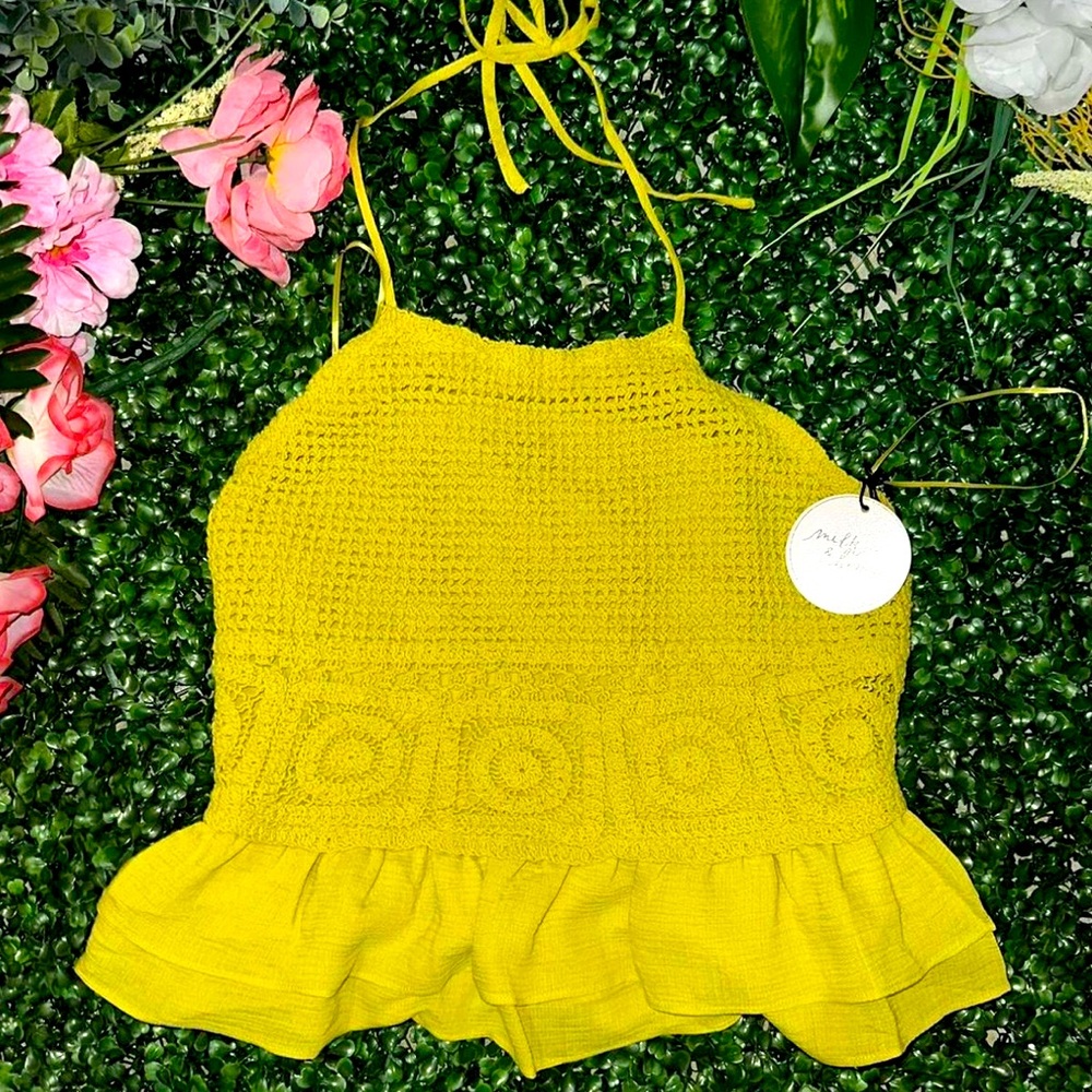 Milk and Honey Chartreuse Crochet Knit Halter Top (NWT, L) 🌿Ready to Ship✅